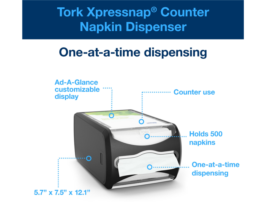 A black countertop napkin dispenser with a customizable display and one-at-a-time napkin dispensing feature. Tork Xpressnap® Counter Napkin Dispenser (7.5 in. x 5.7 in. x 12.1 in., 1/Case)